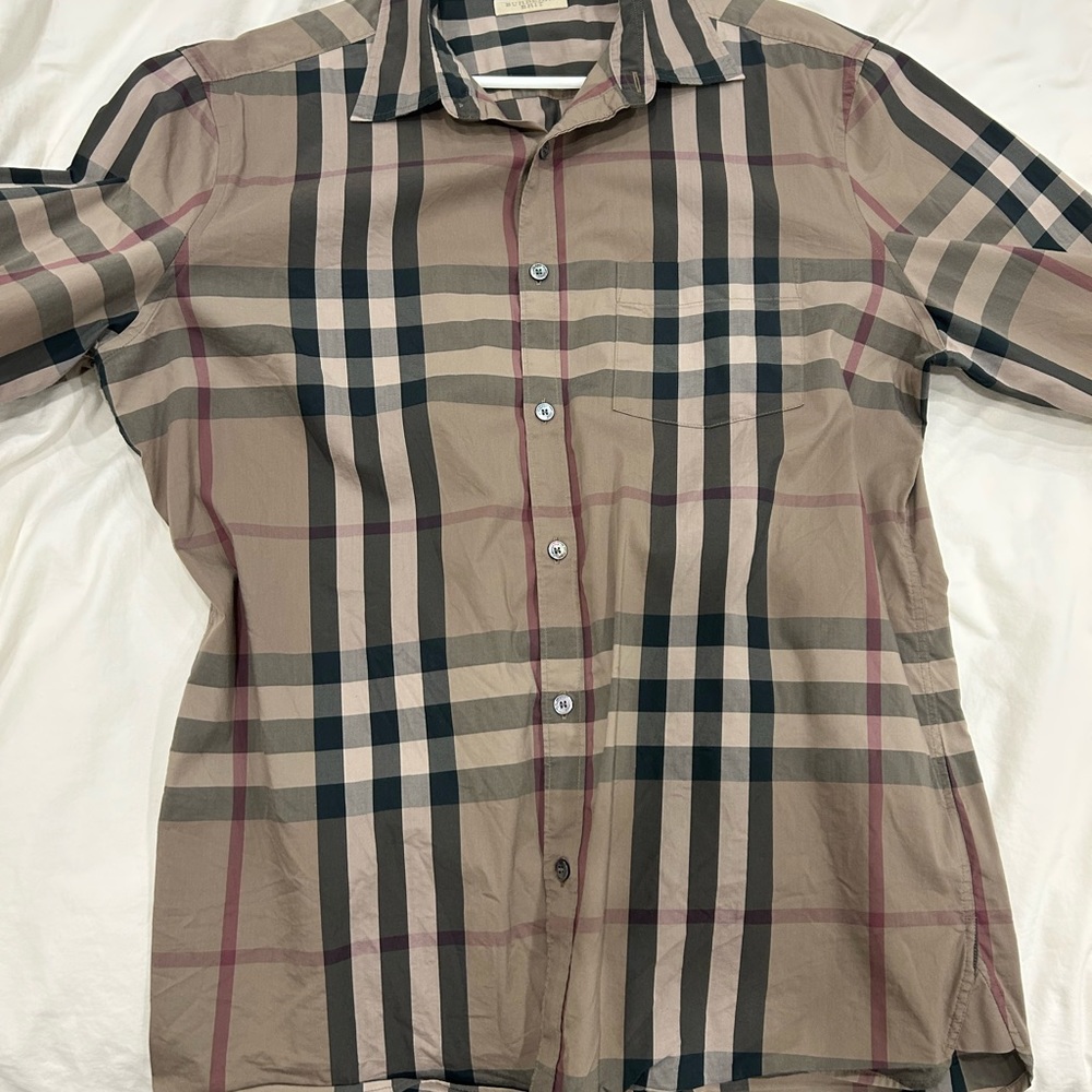 Burberry Beige and Black Plaid Dress Shirt